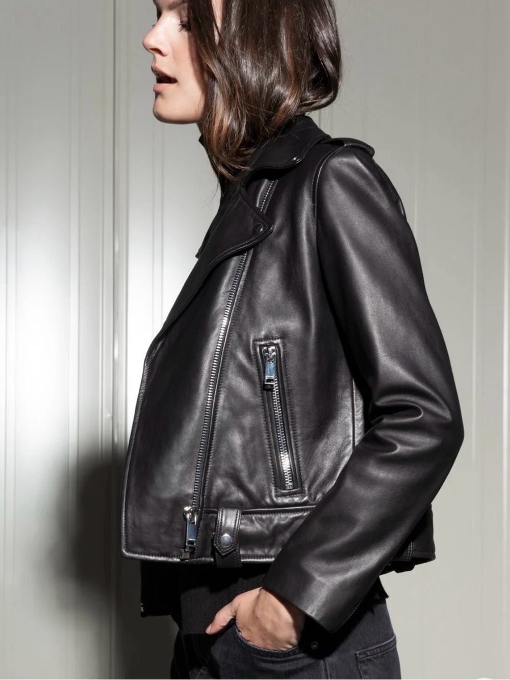 Women's Black Leather Moto Jacket with Zip Details & Belt in Fantastic condition